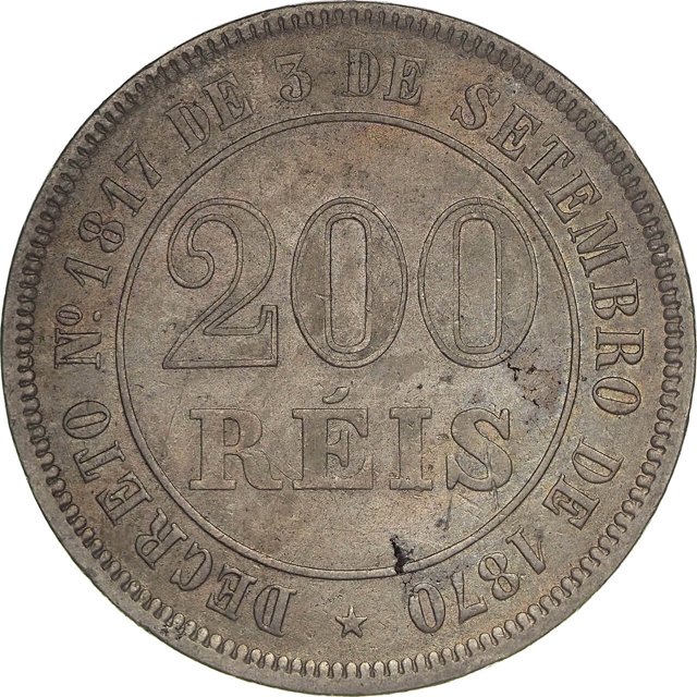 Moeda de 200 réis de 1877 (1º tipo do Império - Reverso: fundo liso) [633.05 / V.020]