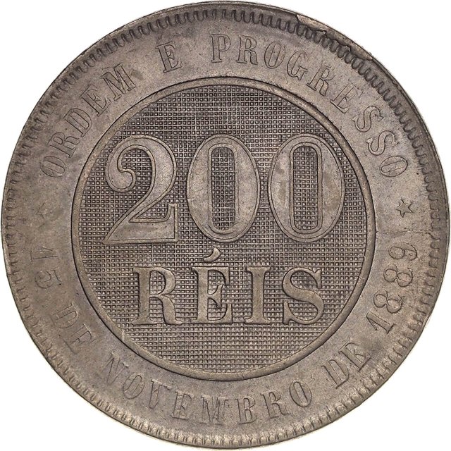 Moeda de 200 réis de 1889 (2º tipo da República - Reverso: fundo linhado) [647.01 / V.045]
