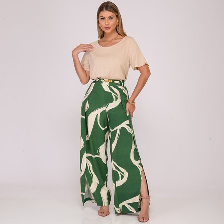 Calça Pantalona com Fenda na Frente B’Bonnie Paola Est Verde