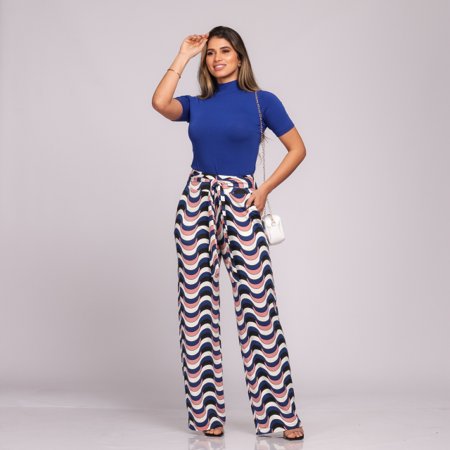 Calça Pantalona Cós Largo Bolsos B’Bonnie Sheila Geo Azul | B'Bonnie