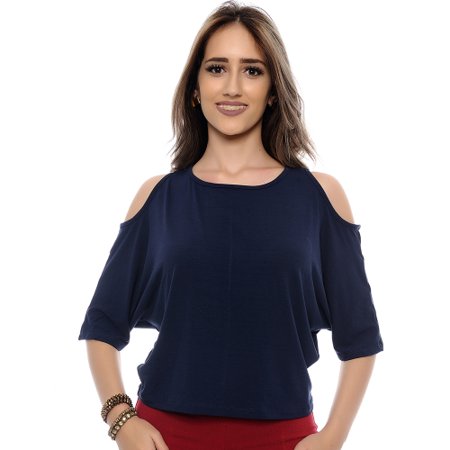 Blusa Cropped Ombro Vazado B'Bonnie Cibele Azul Marinho | B'Bonnie