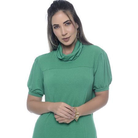 Vestido Manga Bufante Gola Alta B’Bonnie Sharon Verde Bandeira
