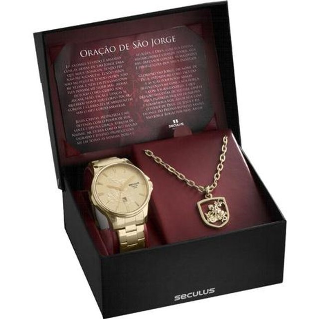 KIT FEMININO RELÓGIO SECULUS DOURADO + COLAR SÃO JORGE 35019LPSKDA1 |  LaPartier