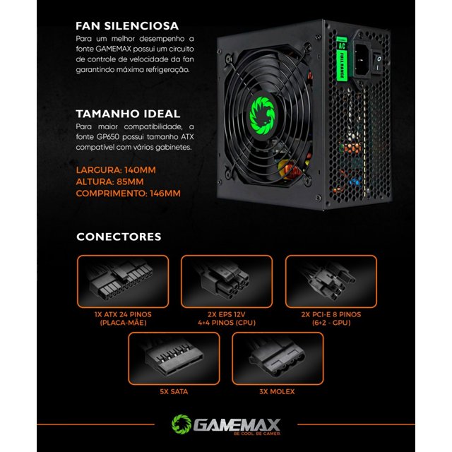 Fonte Gamemax ATX, 650W, 80 Plus Bronze, PFC Ativo