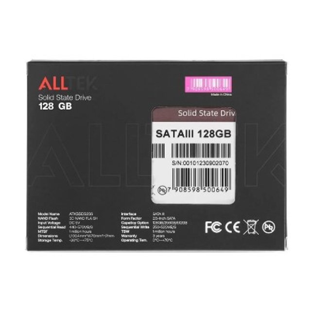 SSD 128GB AllTek, SATA III, 2,5' Pol, Leitura de até 570MB/s, Gravação de até 520MB/s - ATKSSDS128