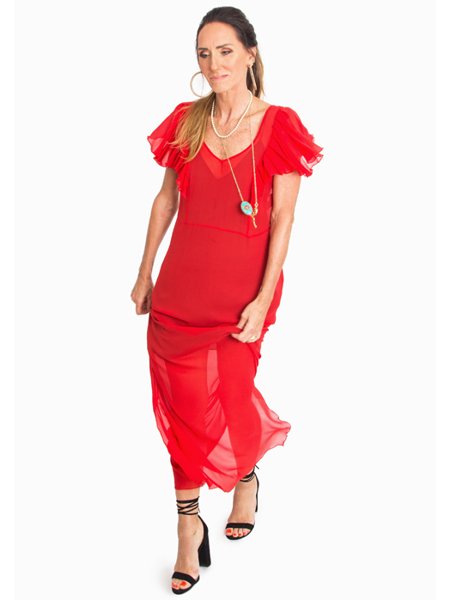 Vestido de Festa Vermelho em Seda Manguinha Boba
