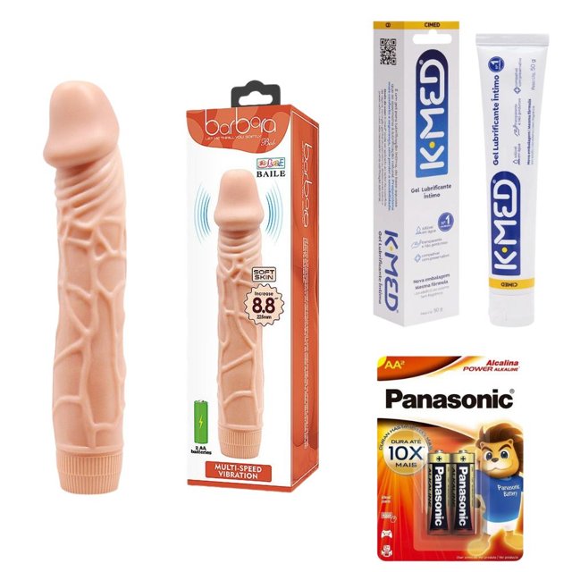 Kit Pênis com Vibrador em Soft Skin 22,5 x 4,5 cm, Pilhas AA e Lubrificante K-Med 50g