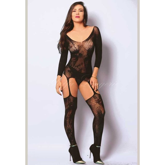 Macacão Sensual Arrastão Cinta Liga Bodystocking Yaffa