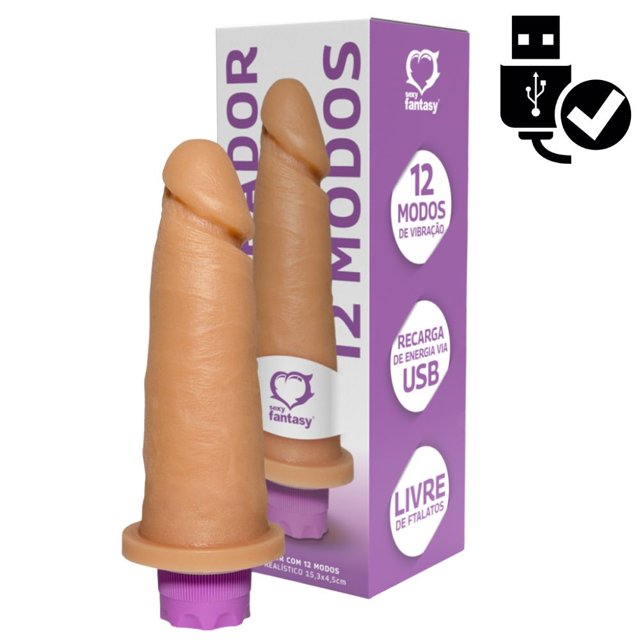 Pênis com Vibrador 12 Modos Recarregável USB 15,3 x 4,5cm