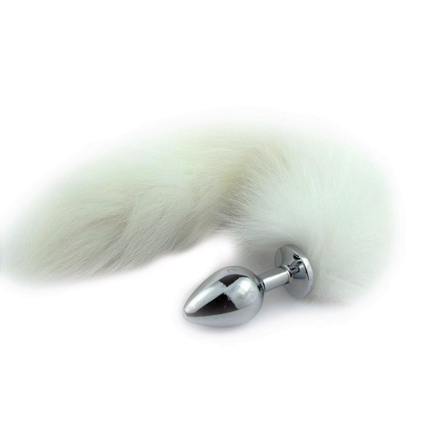 Plug Anal Jóia Metal Inox com Rabo Tail Branco 30 cm Plug 7,5 x 2,8 cm