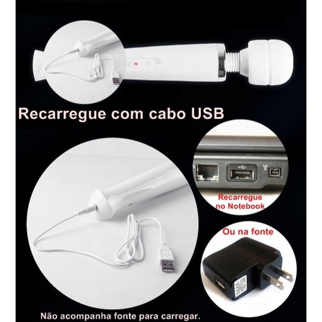 Vibrador Massageador Magic Wand Recarregável USB 10 Modos Branco