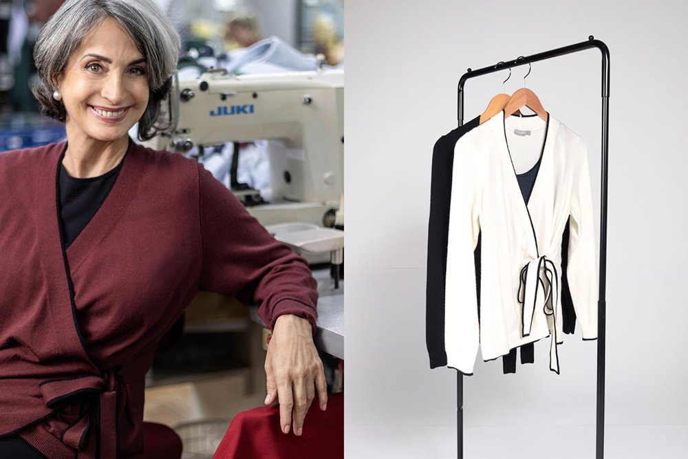 casaco de amarração transpassada em 3 cores da collab entre a marca Bonneterie com a influenciadora Claudia Matarazzo