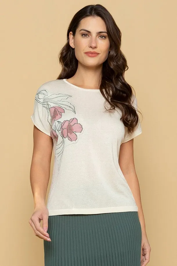 Blusa Feminina Manga Japonesa Viscose Floral Marinho