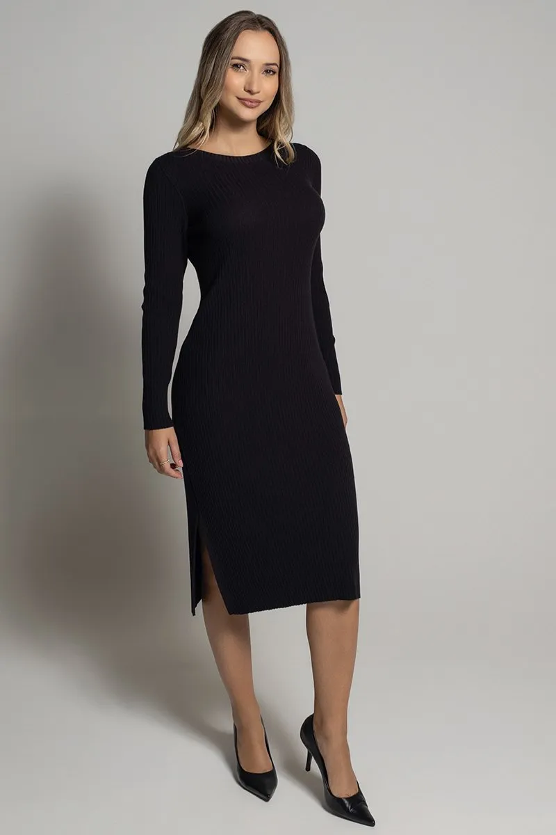 Vestido Midi Canelado Manga Longa Com Fenda Vestido Midi Canelado