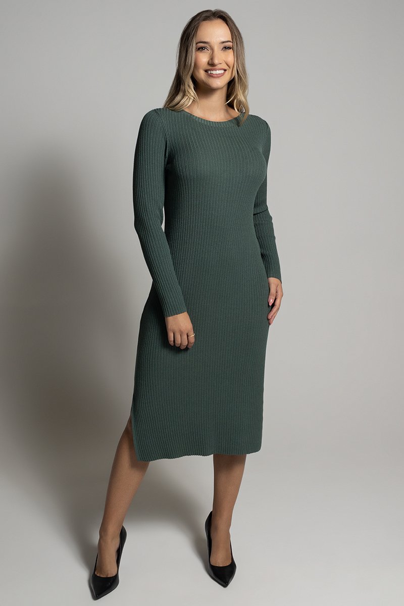Vestido Malha Canelada Midi Com Manga Vestido Canelado Midi Com