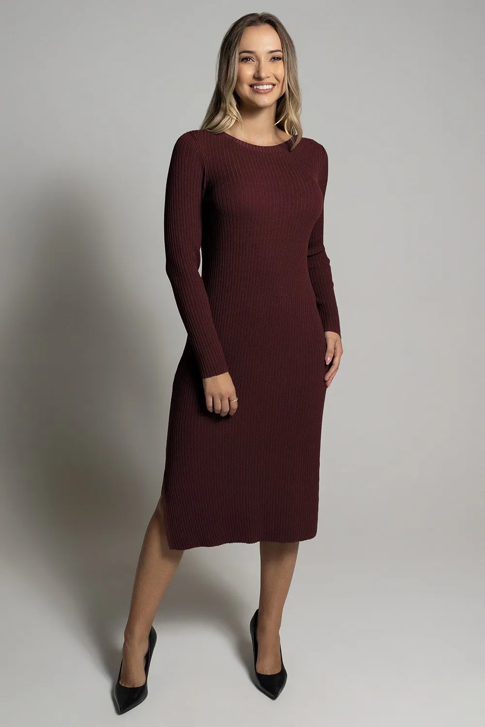 Gola Alta Vestido Midi Canelado Com Manga Vestido Midi Canelado