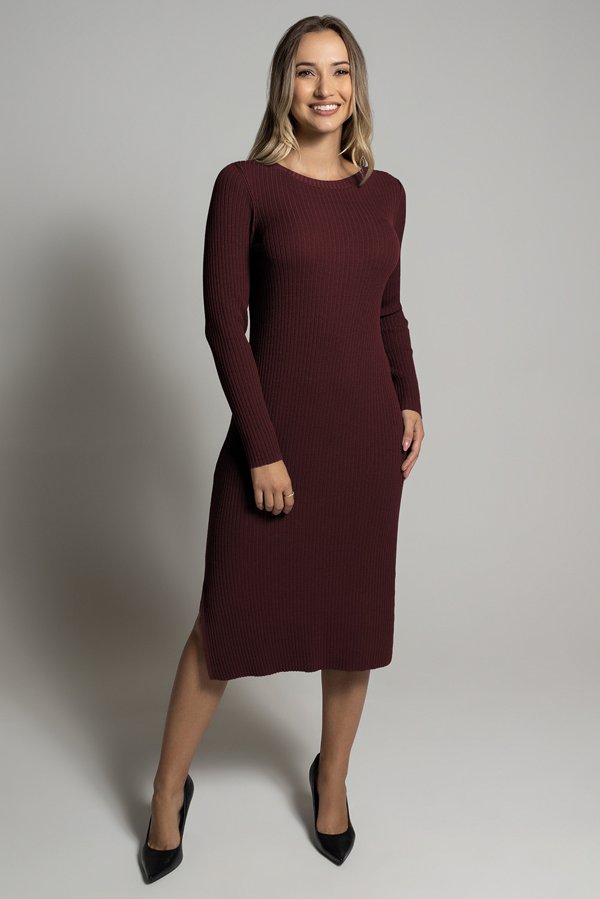 Vestido Midi Canelado Tricô Manga Longa Bonneterie