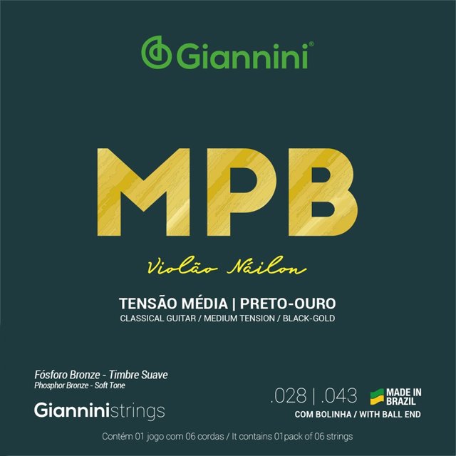 Encordoamento Para Violão Nylon Giannini Tensão Média Preto Ouro GENWBG