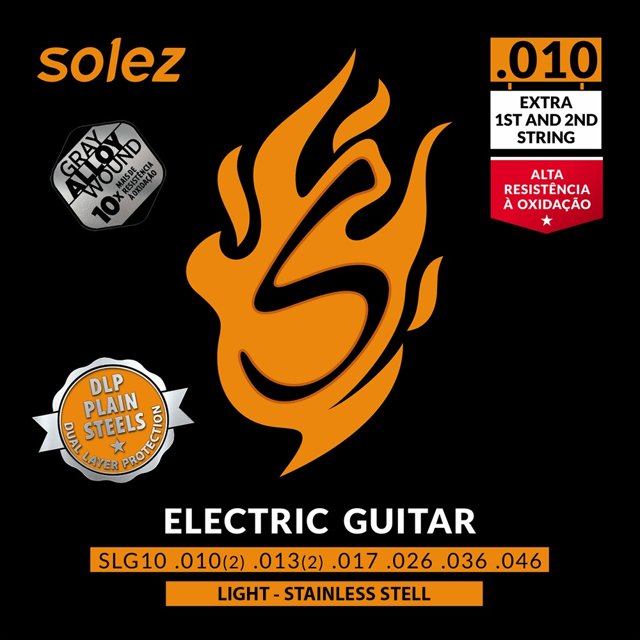 Encordoamento Para Guitarra Solez 010 Stainless Steel SLG10-GA Com 2 Cordas Extras