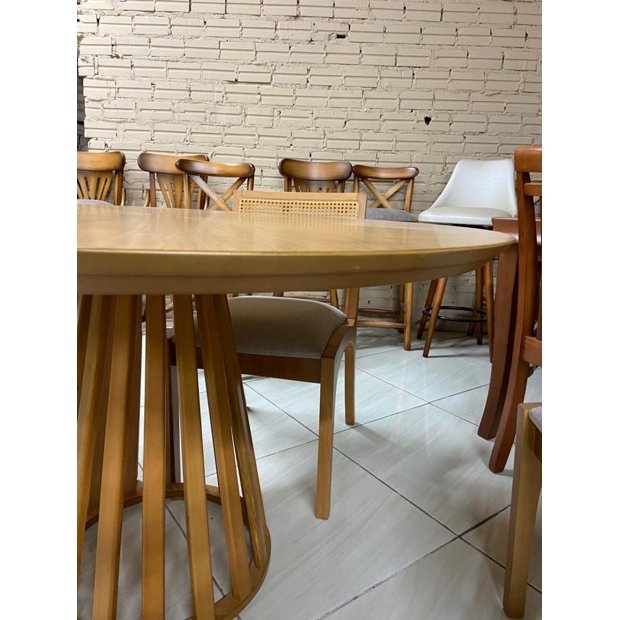 Conjunto de Jantar Mesa Redonda MDF + 4 Cadeiras Tela Palha