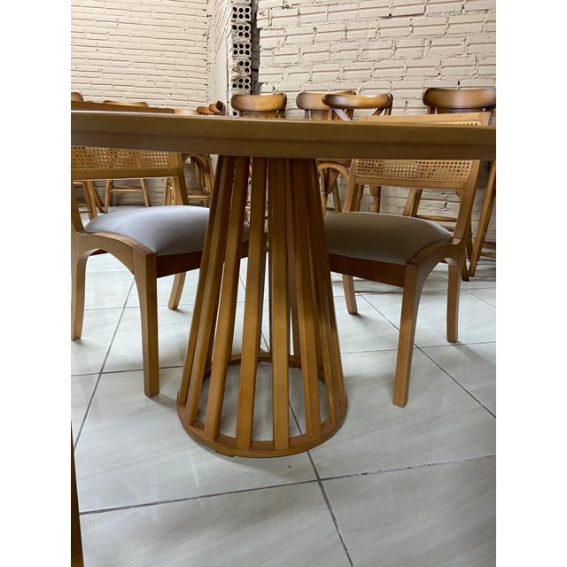 Conjunto de Jantar Mesa Redonda MDF + 4 Cadeiras Tela Palha