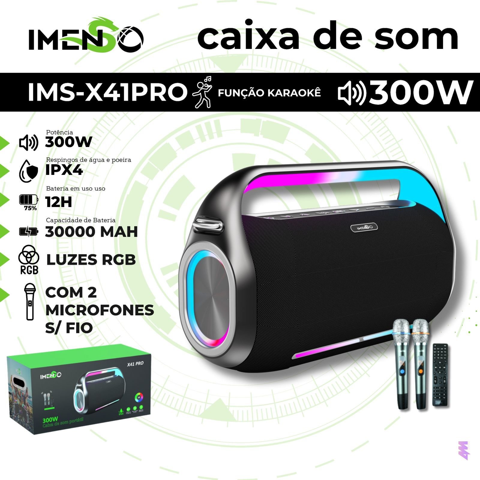 CAIXA DE SOM IMENSO 2 MIC SEM FIO 300W IMS-X41PRO | GRUPO YMA