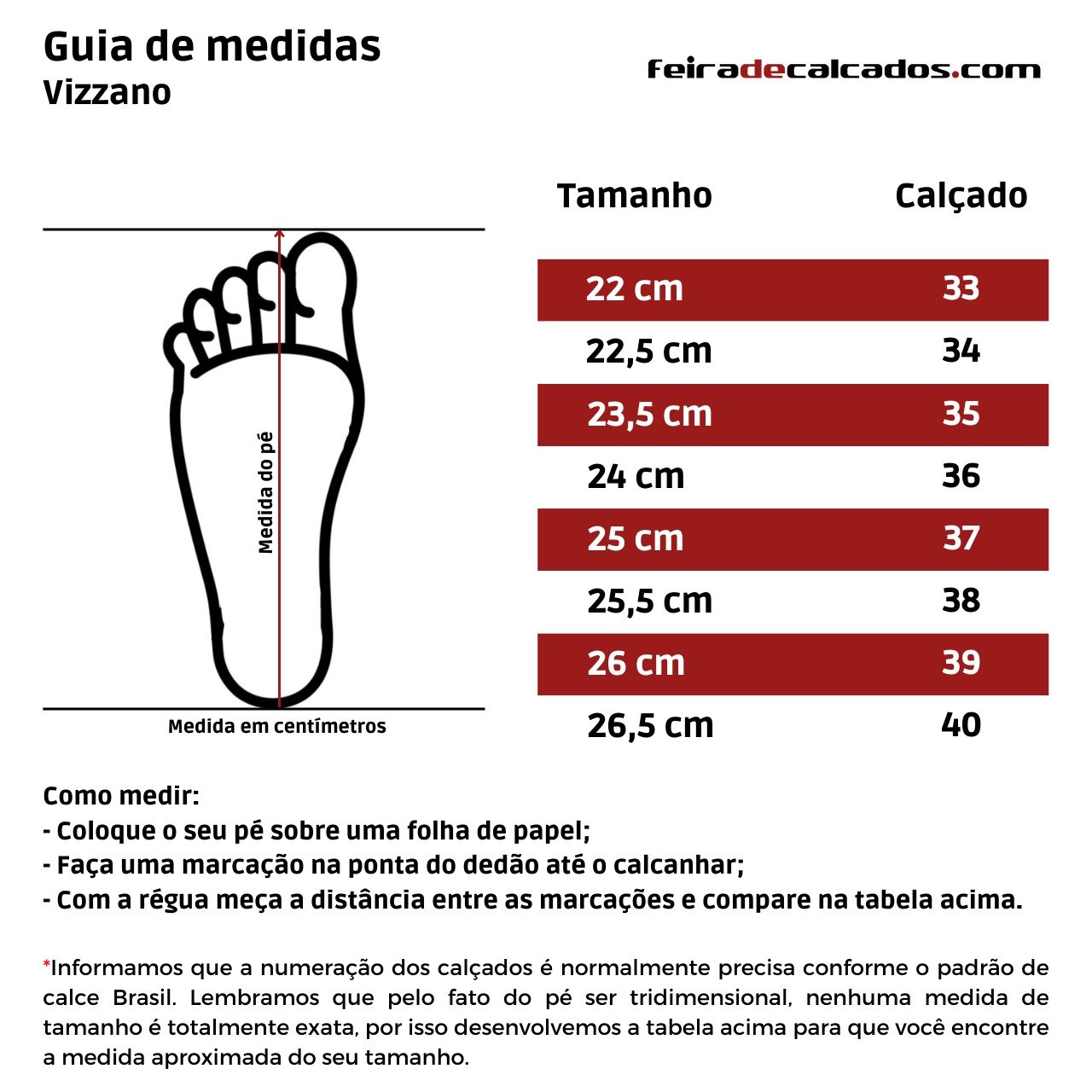 Tabela de medidas hot sale vizzano