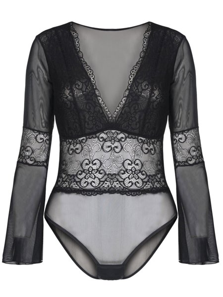 Body Plus Size Maite Manga Longa Em Renda E Tule Preto Recriar