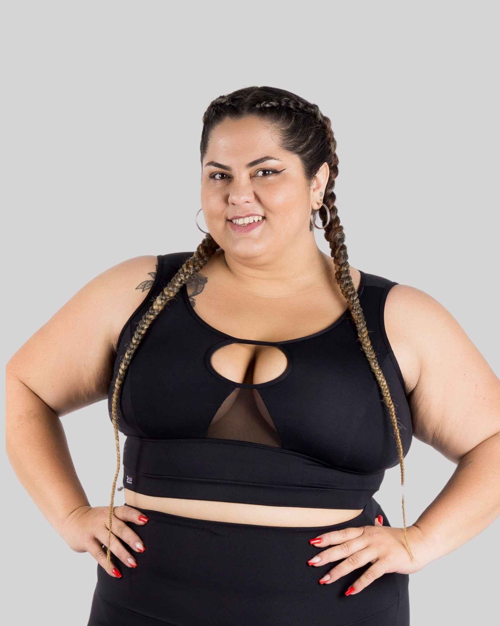 Top Cora Fitness Plus Size Em Suplex E Tule Preto | Recriar