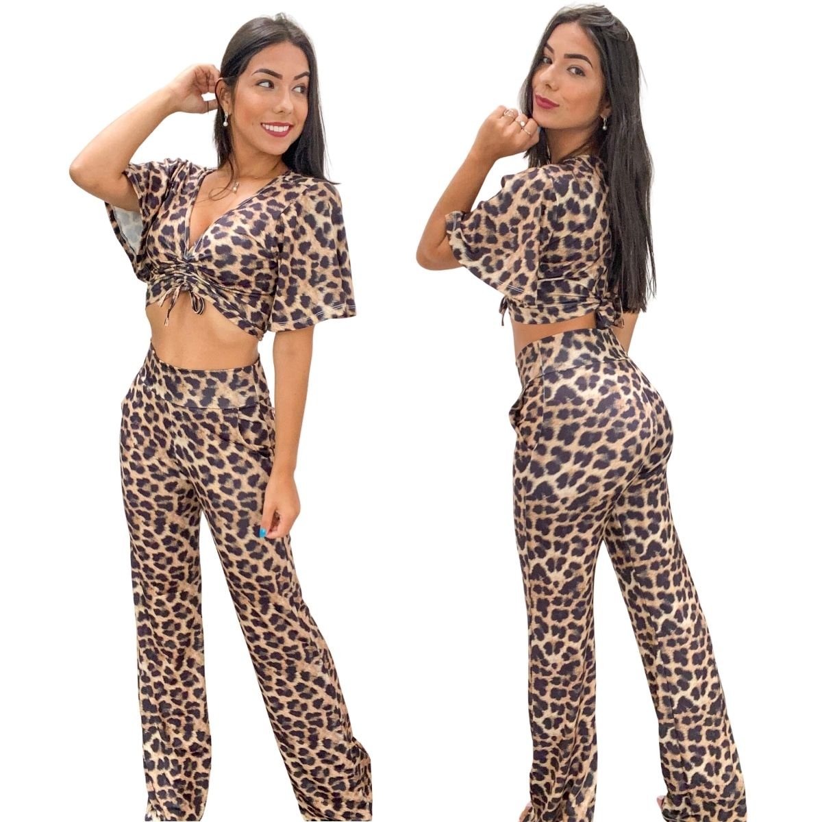 Conjunto Feminino Calça Pantalona e Cropped Manga Curta Cintura