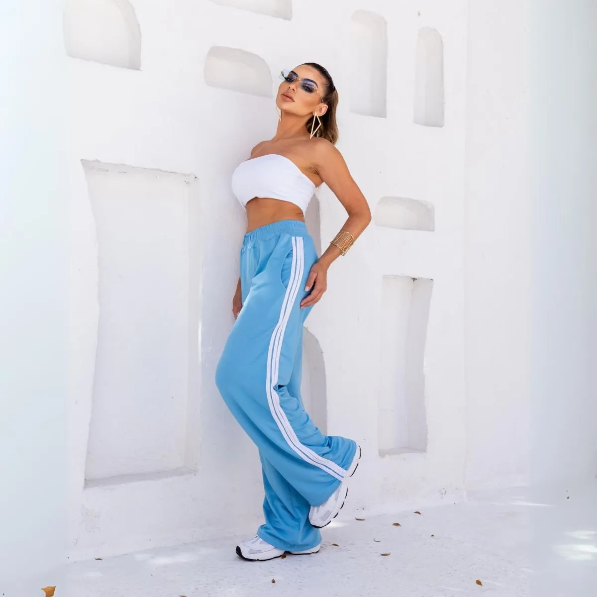 Calça Feminina Calça Listrada Larga Calça Feminina Pantacourt