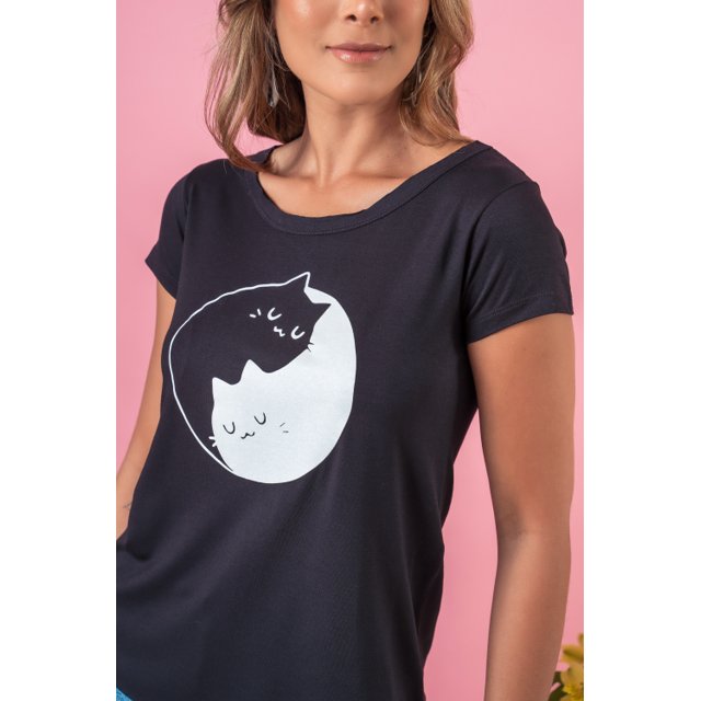 T-shirt Camiseta Feminina Baby Look Estampada Gatinhos yin yang