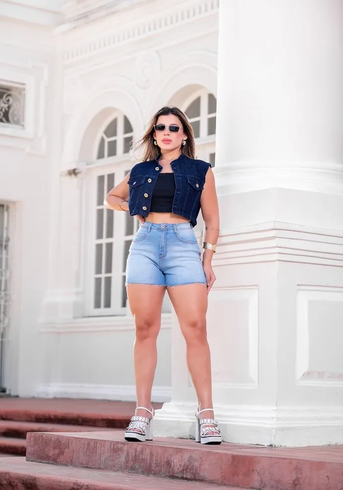 Short Feminino Short Cintura Alta Com Blusa Curta SHORT JEANS