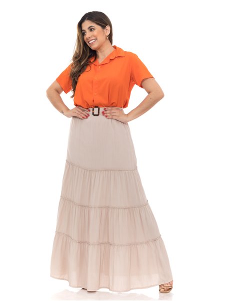 Três Marias Saia Cos Alto Longa Saia Longa Babado Viscolinho Cós