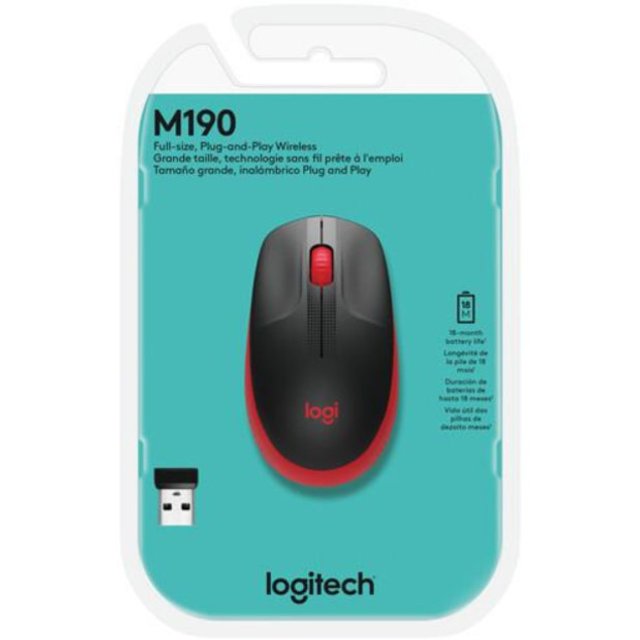 Mouse Sem Fio Logitech M190, Preto e Vermelho  - 910-005904