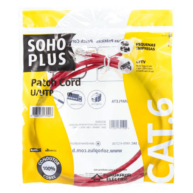 Patch Cord U/UTP Furukawa Sohoplus CAT6, 1.5 Metros, Vermelho, Certificado - 35123008
