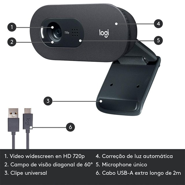 Webcam Logitech C505, HD 720P, 30 FPS, com Microfone, 3MP, USB, Preto -  960-001367