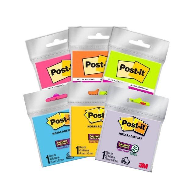 Kit Bloco Adesivo Post-It 3M 76x76 mm 45 Fls c/ 6 cores