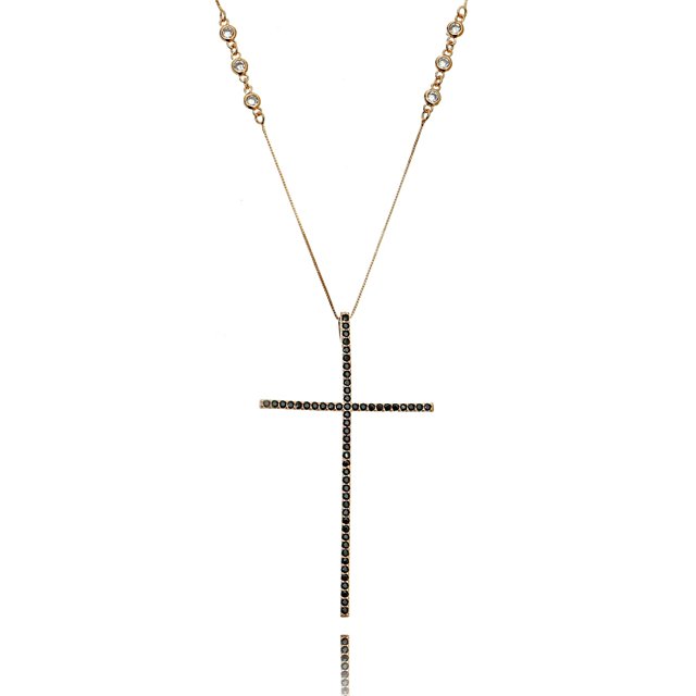 Colar Crucifixo Preto Grande Corrente com 8 Pontos de Luz Zircônia Semijoia em Ouro Rosé