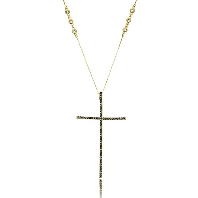 Colar com Crucifixo Zircônia Preta Grande 4 x 7 cm Corrente Tiffy Semijoia Ouro 18K