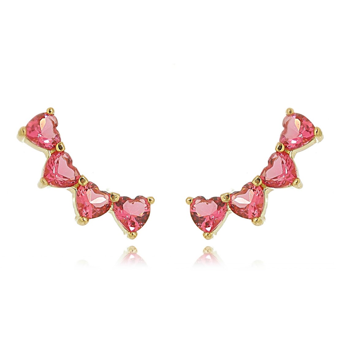 Ear Cuff Delicado Corações Rosa Pink Semijoia Ouro 18K