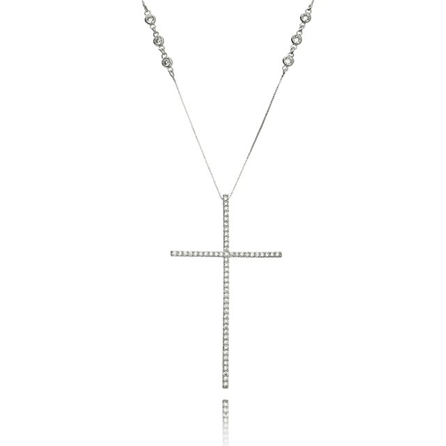 Colar com Crucifixo Zircônia Cristal 7 cm Corrente 8 Pontos de Luz Semijoia Ródio Branco