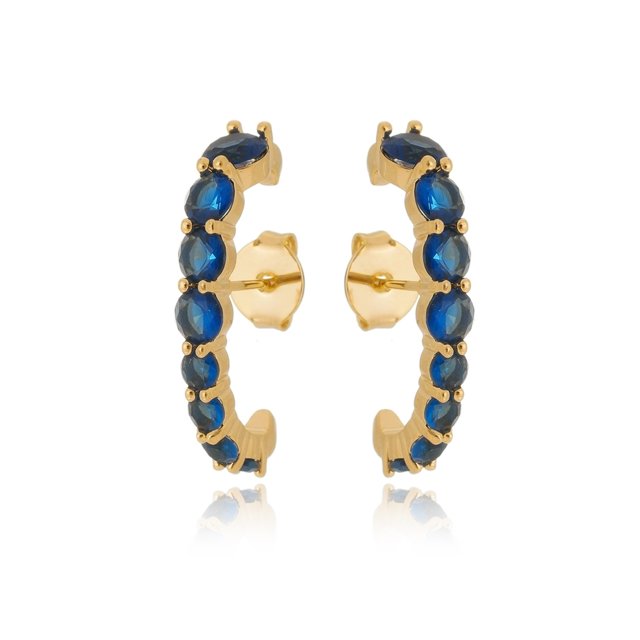 Brinco Ear Hook Azul Safira Luxo Semijoia Ouro 18K
