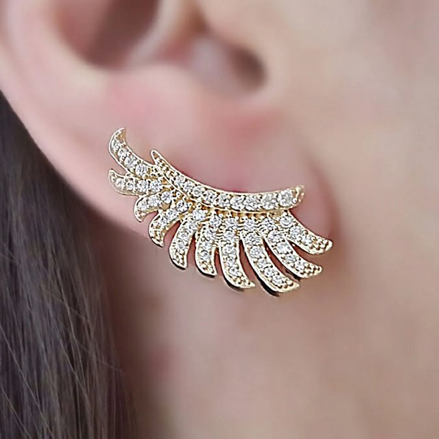Brinco Ear Cuff Asa Delicado Micro Zircônia Branca Semijoia Ouro 18K