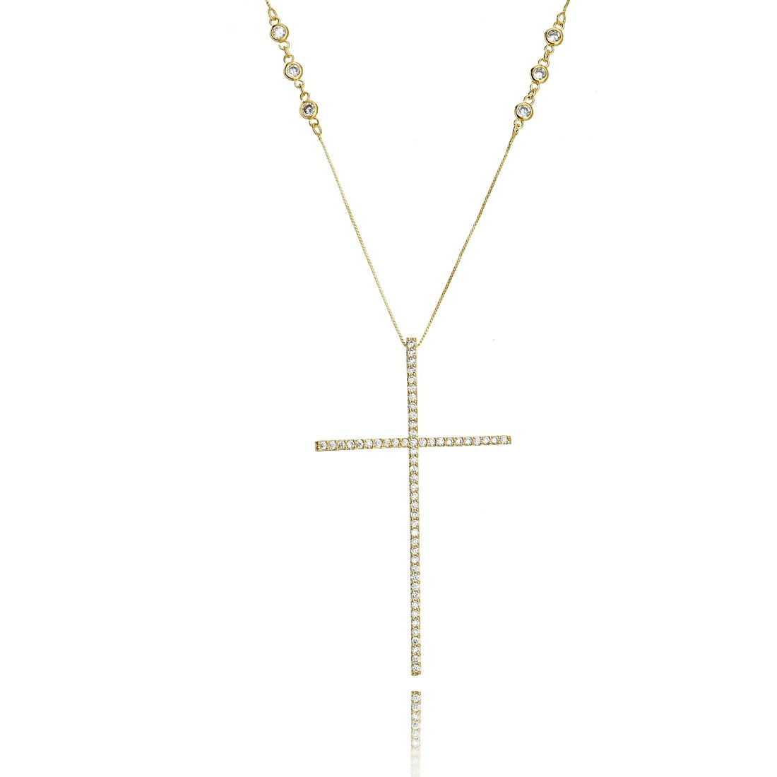 Colar Crucifixo Grande 4 x 7 cm Dourado Corrente Tiffy Zircônia Branca Semijoia Fina Ouro 18K