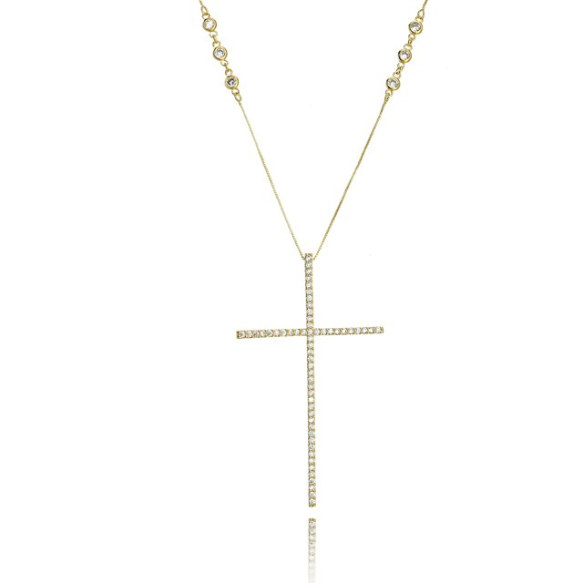 Colar Crucifixo Grande 4 x 7 cm Dourado Corrente Tiffy Zircônia Branca Semijoia Fina Ouro 18K
