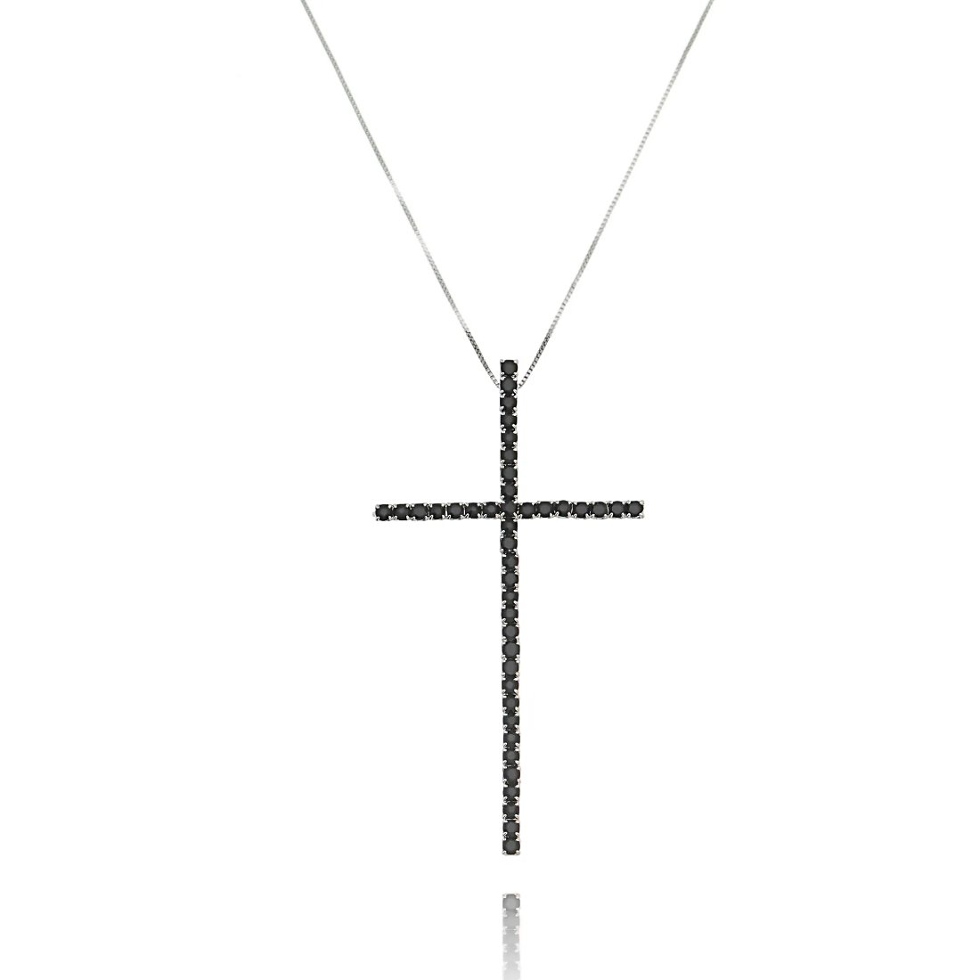 Colar Crucifixo Preto da Moda Zircônia Semijoia Ródio Branco