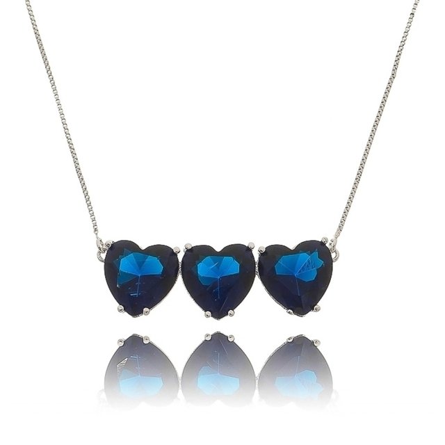 Colar Pingentes Coração Triplo Azul Safira Semijoia em Ródio Branco com Zircônia