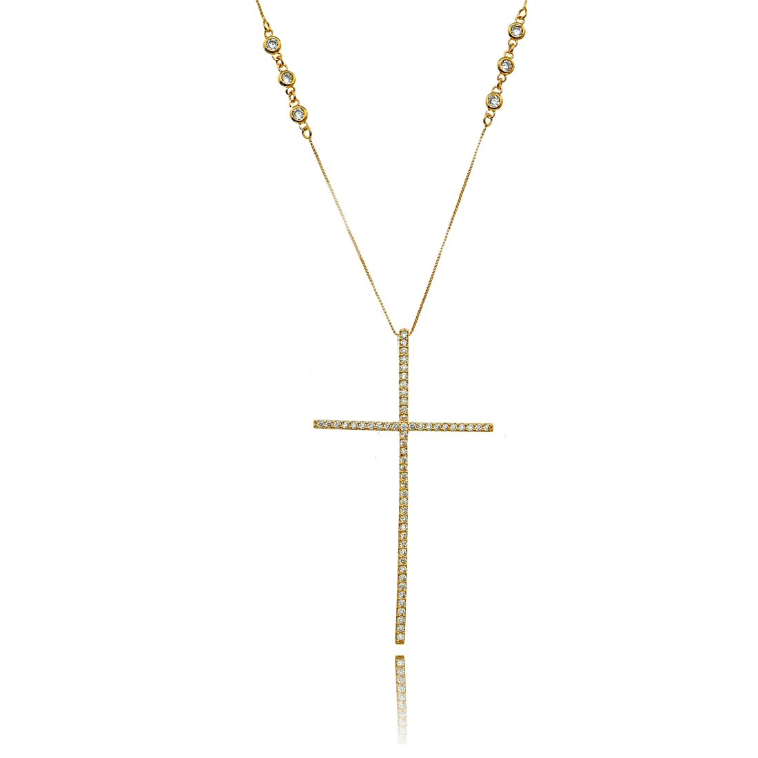 Colar com Crucifixo Grande Corrente 8 Pontos de Luz Zircônia Cristal Semijoia em Ouro Rosé