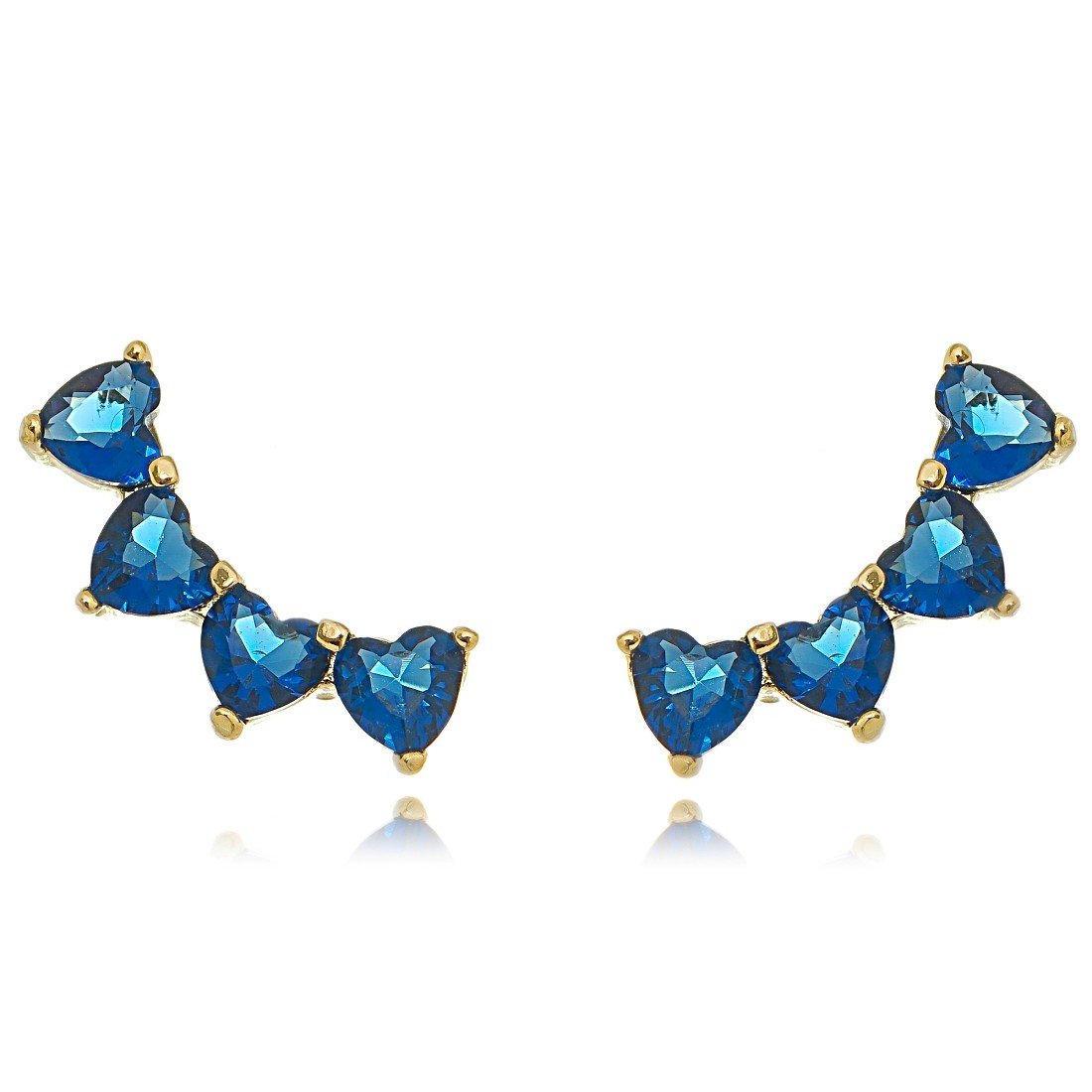 Mini Ear Cuff Corações de Zircônia Azul Safira Semijoia em Ouro 18K